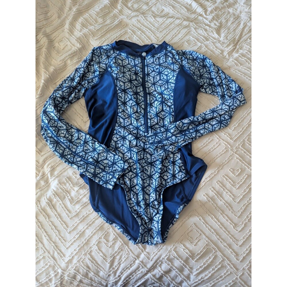 UV Skinz Long Sleeve Rash Guard Swimsuit Women’s Large UPF 50+ Blue geometric